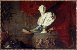 Allegorie der Künste Stillleben mit skulptierter Büste, Palette und Pinseln, Leinwand, Rolle. Gemälde von Jean Baptiste Simeon Chardin 18. Jahrhundert Paris, Musee Jacquemart Andre
