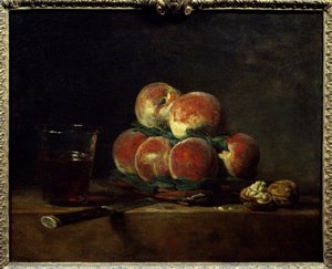 Korb mit Pfirsichen, Nüssen, Messer und Weinglas. Gemälde von Jean Baptiste Simeon Chardin (1699-1779) 1768. Paris, Louvre Museum