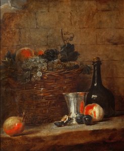 Obstkorb mit Trauben, einem Silberkelch und einer Flasche, Pfirsiche, Pflaumen und eine Birne