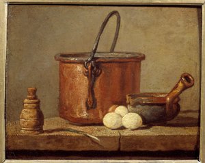 Küchenutensilien, Kessel, Pfanne und Eier, Gemälde von Jean Baptiste Simeon Chardin (1699-1779) 18. Jahrhundert