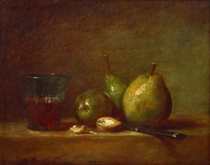 Birnen, Walnüsse und ein Glas Wein