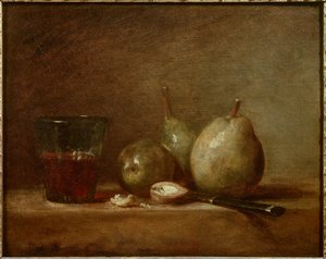 Birnen, Nüsse und ein Glas Wein. Stillleben