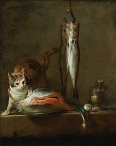Stillleben mit Katze und Fisch