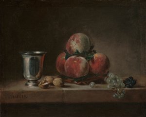 Stillleben mit Pfirsichen, einem Silberkelch, Trauben und Walnüssen, ca. 1759-60
