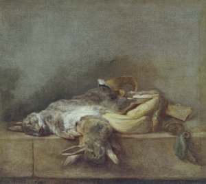 Stillleben mit Kaninchen, einem Jagdsack und einem Pulverhorn, ca. 1755 von Jean Baptiste Simeon Chardin