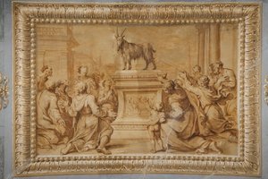 Falsches vergoldetes Relief, mit der Ziege auf dem historischen Altar und umgeben von anbetenden Figuren von Jean Boulanger