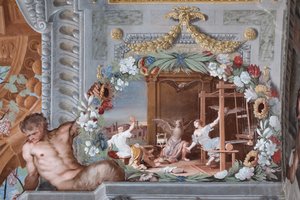 Die Töchter des Meneos, die am Webstuhl arbeiten, werden in Fledermäuse verwandelt