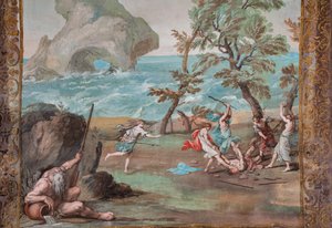Die Bacchantinnen töten Orpheus mit Steinen und Stöcken, weil er sich weigert, die Lobgesänge des Bacchus zu singen