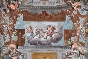 Venus gibt Ariadne die Krone; auf den Wolken bietet Venus, umgeben von Cupidos, die Krone des Vulkanus der neben Bacchus sitzenden Ariadne an