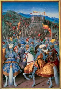 Italienische Kriege: König Ludwig XII. (1462-1515) griff 1507 Genua mit seinen Truppen an. Miniatur aus „Le voyage de Genes“ von Jean Marot (1450-1526), illuminiert von Jean Bourdichon (1457-1521) 1510 Paris, B.N. von Jean Bourdichon