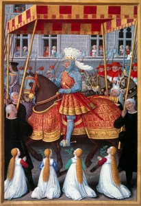Der triumphale Einzug von König Ludwig XII. in Genua im April 1507. Miniatur aus Le voyage à Gênes von Jean Marot, illuminiert von Jean Bourdichon von Jean Bourdichon