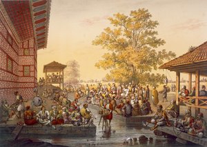 Freizeitszene in Pinarbasi, einem Stadtteil von Bursa. Ein Geschichtenerzähler unterhält das Publikum, aus Souvenirs de Constantinople, veröffentlicht 1845 von Jean Brindesi