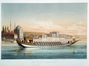 Osmanisches Reich: „Der Palast des Sultans und Paradeboot in Konstantinopel“ Aquarell von Jean Brindesi (1826-1888)