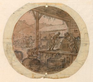 Entwurf für einen bemalten Porzellanteller, Be- oder Entladen von Waren, 1820–35 von Jean-Charles Develly