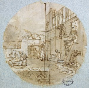 Die Werkstatt des Maurers, Plattendesign für ein Service, das verschiedene Berufe darstellt, um 1820-35 von Jean Charles Develly
