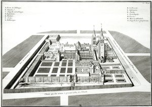 Ansicht der Abtei Saint-Germain-des-Pres vor 1640, graviert von Antoine Herisset (1685-1769) von Jean Chaufourier