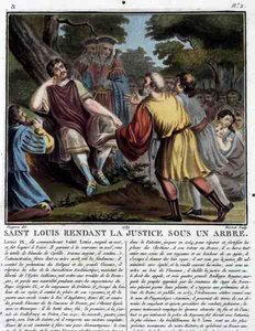 Heiliger Ludwig (1215-70) spricht unter einem Baum Recht, graviert von Jean Baptiste Morret 1789 (kolorierter Stich) von Jean Claude (after) Naigeon