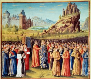 Zweiter Kreuzzug: König Ludwig VII., genannt der Jüngere, nimmt in Vézelay in Anwesenheit von Bernhard von Clairvaux und dem Bischof von Versailles am 31. März 1146 das Kreuz. Viele Barone nahmen ebenfalls teil von Jean Colombe