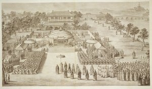 Der Kaiser Qianlong empfängt die Huldigung der besiegten Eleuths (Tartar Kalmucks), Platte 2 aus einer Serie von Drucken, die die Eroberungen des Kaisers von China darstellen, graviert von Jacques Philippe Le von Jean Denis Attiret