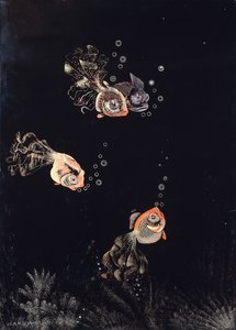 Ein lackiertes Panel von Jean Dunand, das eine Unterwasserszene mit roten und goldenen Fischen zeigt, die Luftblasen blasen