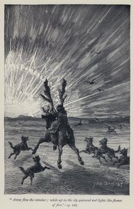"Fort flogen die Rentiere, während am Himmel rote Lichter wie Flammen zitterten" (Gravur) von Jean Edouard Dargent