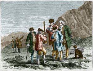 Florin Perier misst die Höhe des Barometers (Quecksilberrohr) von Evangelista Torricelli oder Toricelli während des Experiments zur Schwerkraft der Luft von Blaise Pascal, auf dem Gipfel des Puy de Dome (1648). Gravur von Yan Dargent.
