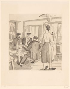 Caféinterieur mit Kunden und Kellnerin von Jean Emile Laboureur (signed by artist)