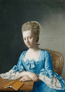 Porträt von Grace, Gräfin von Clanbrassil, geb. Foley, Halbfigur, in einem blauen Kleid, sitzend an einem Tisch, ihre Hände gekreuzt, 1774 von Jean Étienne Liotard