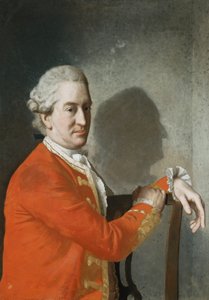 Porträt von James Hamilton, 2. Earl of Clanbrassil, Halbfigur, in einem roten Mantel, sitzend in einem Mahagonistuhl, sein Profil wirft Schatten an die Wand dahinter