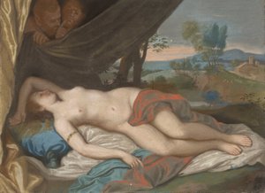 Schlafende Nymphe von Satyrn beobachtet
