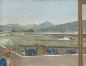 Blick auf das Mont-Blanc-Massiv vom Atelier des Künstlers in Genf, mit Selbstporträt von Jean Étienne Liotard