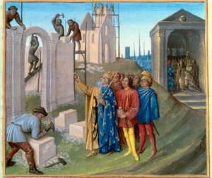Bau des Palastes von Aachen (796-805) durch Karl den Großen (742-814), der die Baustelle überwacht. Rechts wird Pippin der Bucklige (770-811) Mönch. Miniatur aus „Les Grandes Chroniques de France“ illuminiert von Jean Fouquet (1420-1481)