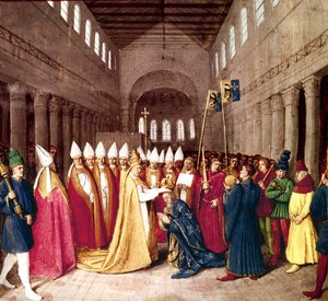 Krönung von Kaiser Karl dem Großen am 25. Dezember 800 in Rom durch Papst Leo III., Illumination aus Les Grandes Chroniques de France von Jean Fouquet, ca. 1455-1460