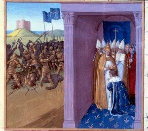 Niederlage von Griffon (Szene von links): Kampf von Pippin dem Jüngeren (714-768) und seinem Bruder Griffon. Ringe von Pippin dem Jüngeren in Laon im Jahr 754. Miniatur in „Grandes Chroniques de France“ (Folio 76) illuminiert von Jean Fouquet (15. Jahrhund von Jean Fouquet