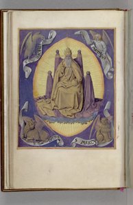 Gottvater mit Symbolen der vier Evangelisten in den Ecken. Stundenbuch, 1450-1499 von Jean Fouquet