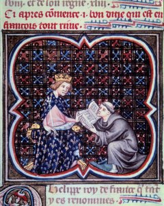 Primas präsentiert den Text der großen Chroniken Frankreichs an Philipp III. Miniatur aus dem Manuskript von Jean Fouquet Grandes Chroniques de France