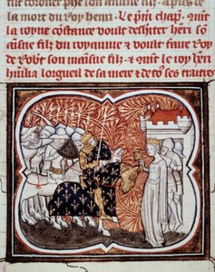 Königin Konstanze von Arles (986-1032) ergibt sich ihrem Sohn Heinrich I., König von Frankreich (1008-1060). Miniatur aus „Les grandes Chroniques de France“ von Jean Fouquet (1420-1481) 15. Jahrhundert Paris, BN von Jean Fouquet