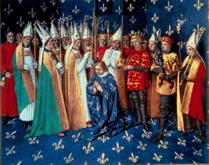 Die Krönung von Philippe Auguste in Reims am 1.11.1179. Miniatur aus den Chroniken von Saint Denis von Jean Fouquet (1420-1481)