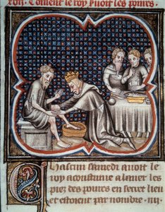 Der Fuß von König Ludwig IX. (Saint Louis): Er gibt den Armen Essen und wäscht ihnen die Füße. Miniatur aus dem Manuskript Les Grandes Chronicles de France von Jean Fouquet. 15. Jahrhundert. Paris, B.N.