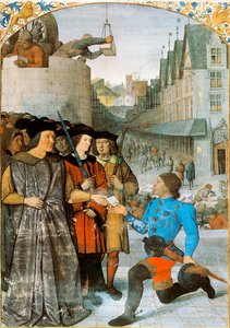 Vizegraf von Rochechouart empfängt einen königlichen Boten. Miniatur von Jean Fouquet (1420-1481) aus "Die großen Chroniken von Frankreich". 1455-1460 von Jean Fouquet
