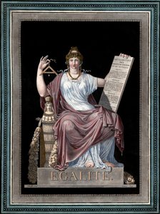 Gleichheit - Gravur von Jean François (Jean-François) Janinet (1752-1814) - Allegorie der Gleichheit, die die Erklärung der Menschenrechte hält. 1793