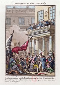 Ludwig XVI. erscheint am Balkon in Versailles am 6. Oktober 1789, um dem Pariser Mob zu sagen, dass er nach Paris gehen wird, unter der Bedingung, dass seine Frau und Familie mitreisen