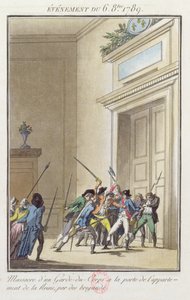Mob von Parisern greift die Wache am Eingang zu den Gemächern der Königin in Versailles an und tötet sie, 6. Oktober 1789
