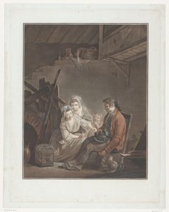 Zwei Frauen und ein Kind bei einem Mann, der einen Vogel versteckt von Jean Francois Janinet