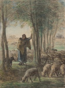Eine Schäferin und ihre Herde im Schatten der Bäume, 1854-55 von Jean Francois Millet