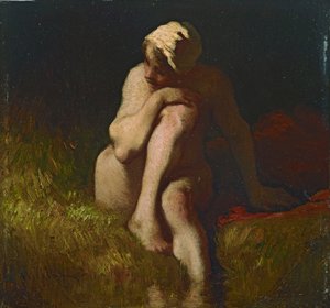 Nacktes Bauernmädchen an der Böschung eines Baches sitzend von Jean Francois Millet