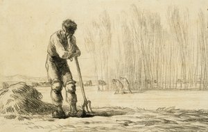 Bauer, der sich auf eine Heugabel stützt von Jean Francois Millet