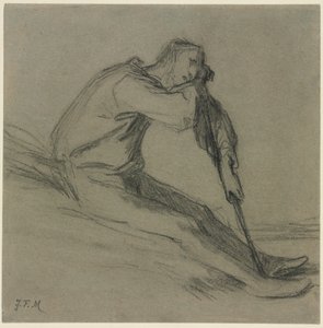 Sitzender Bauer, der sich auf eine Hacke stützt von Jean Francois Millet