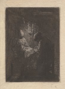 Zwei Frauen beim Nähen bei Lampenlicht, ca. 1853 von Jean Francois Millet