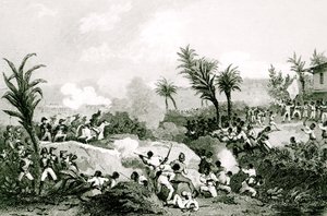 Schwarzer Aufstand in Santo Domingo, 16. September 1802, aus "Histoire Universelle du XIXe siècle", nach Martinet von Jean Francois Pourvoyeur